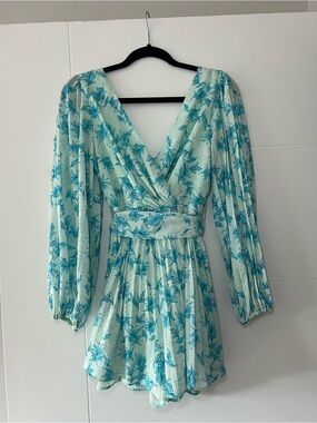Light Blue Floral V-Neck Long Sleeve Romper